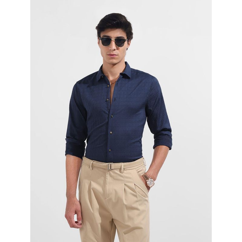 The Indian Garage Co Men Navy Blue Regular Fit Collar Neck Polyester Blend Shirt (M)