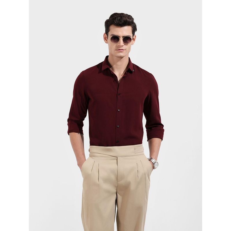 The Indian Garage Co Men Maroon Slim Fit Collar Neck Polyester Shirt (S)