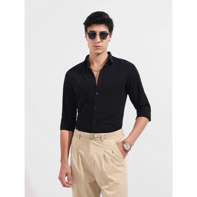 The Indian Garage Co Men Black Slim Fit Collar Neck Polyester Shirt (S)
