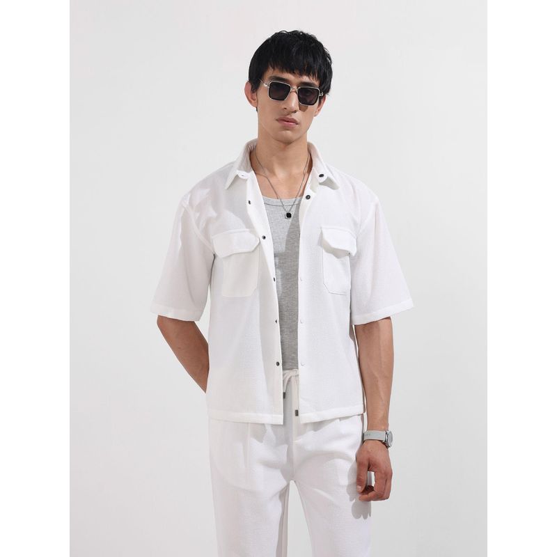 The Indian Garage Co Men White Boxy Fit Collar Neck Polyester Blend Shirt (S)