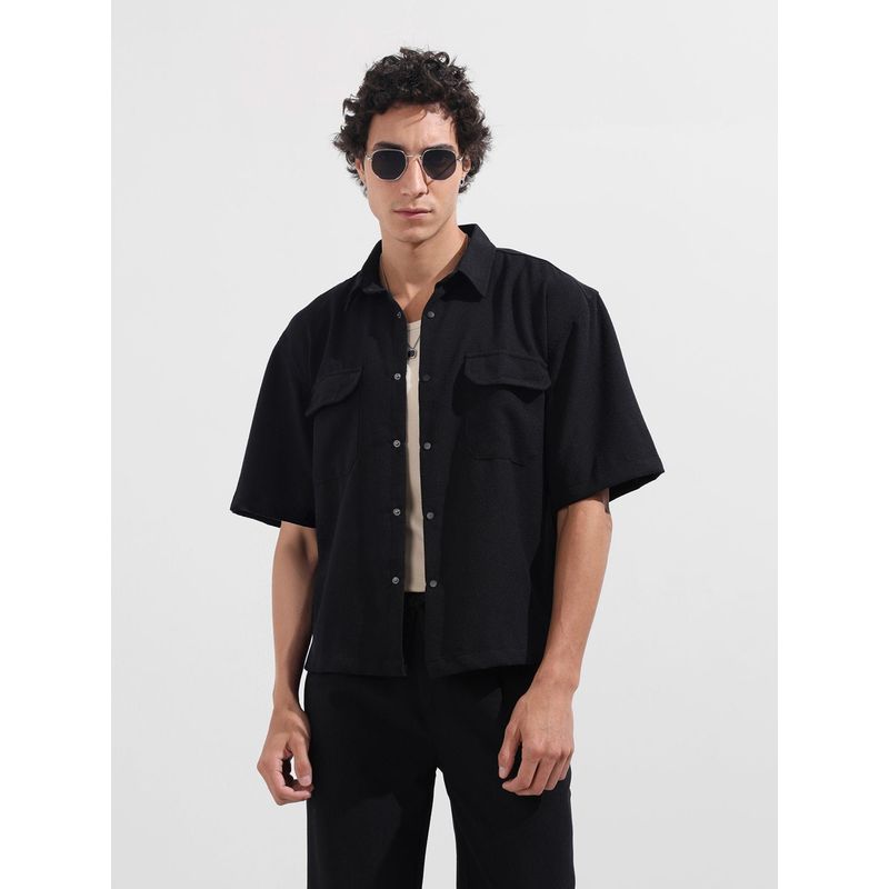 The Indian Garage Co Men Black Boxy Fit Collar Neck Polyester Blend Shirt (M)
