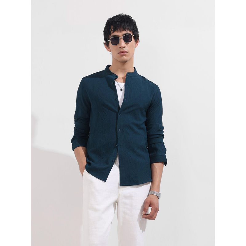 The Indian Garage Co Men Teal Regular Fit Mandarin Neck Polyester Blend Shirt (S)