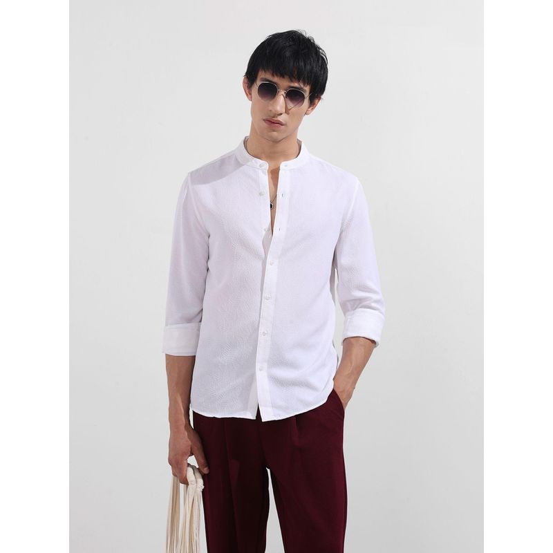 The Indian Garage Co Men White Regular Fit Mandarin Neck Polyester Blend Shirt (S)