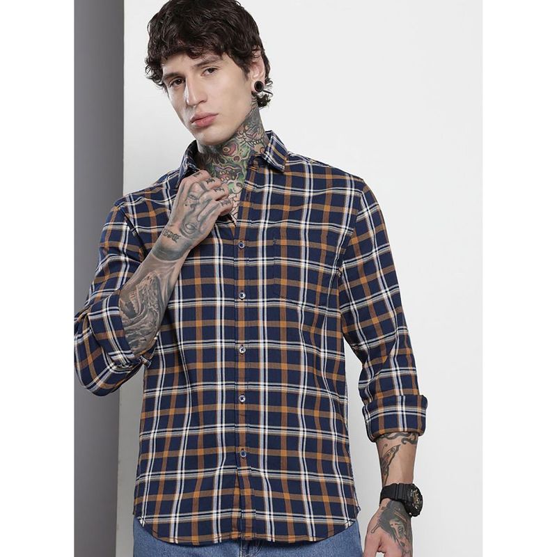 The Indian Garage Co Men Blue Slim Fit Collar Neck Cotton Blend Shirt (S)