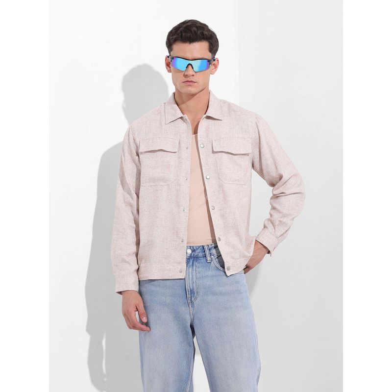 The Indian Garage Co Men Beige Regular Fit Collar Neck Polyester Blend Shirt (S)