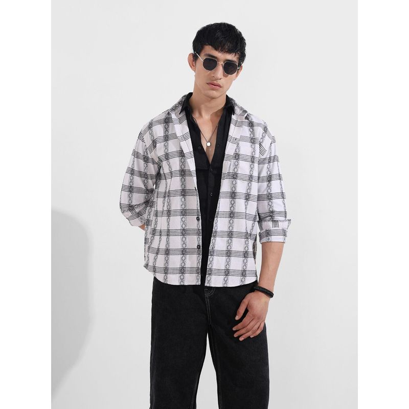 The Indian Garage Co Men White Relaxed Fit Collar Neck Cotton Blend Shirt (L)