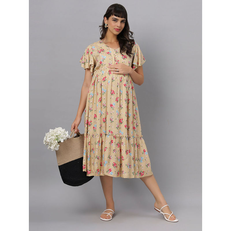 Mamma's Maternity Beige Floral Rayon Feeding Dress (2XL)