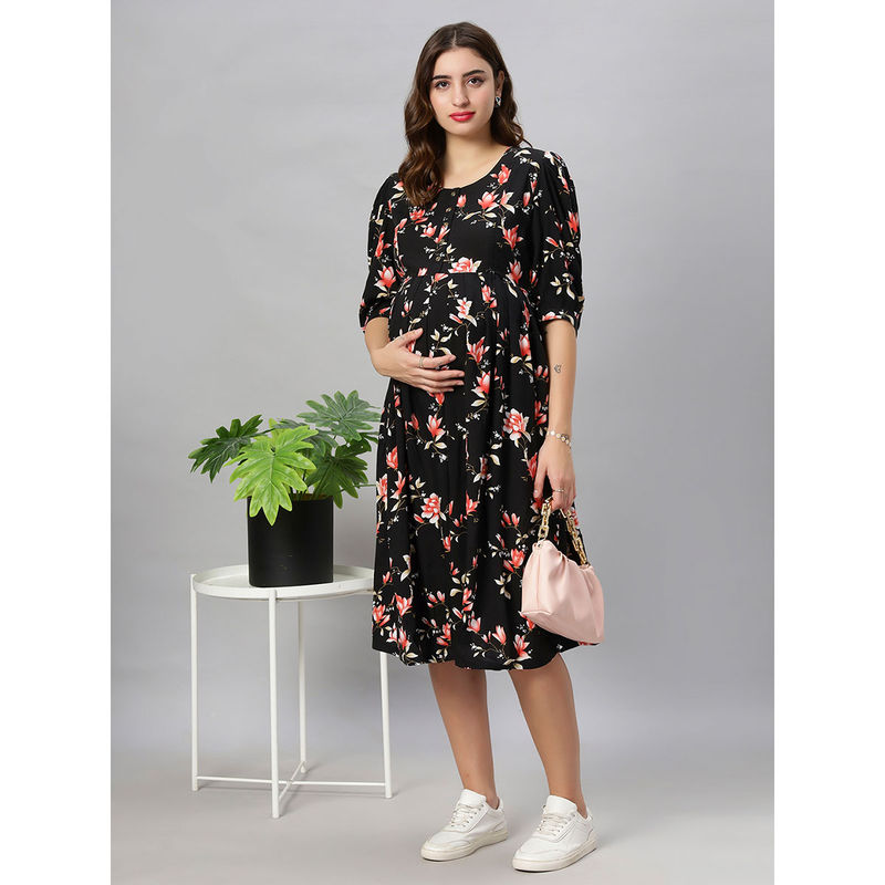 Mamma's Maternity Black Floral Rayon Feeding Dress (M)