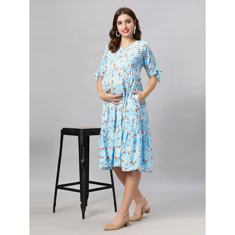 Mamma's Maternity Blue Floral Floral Rayon Feeding Dress (M)