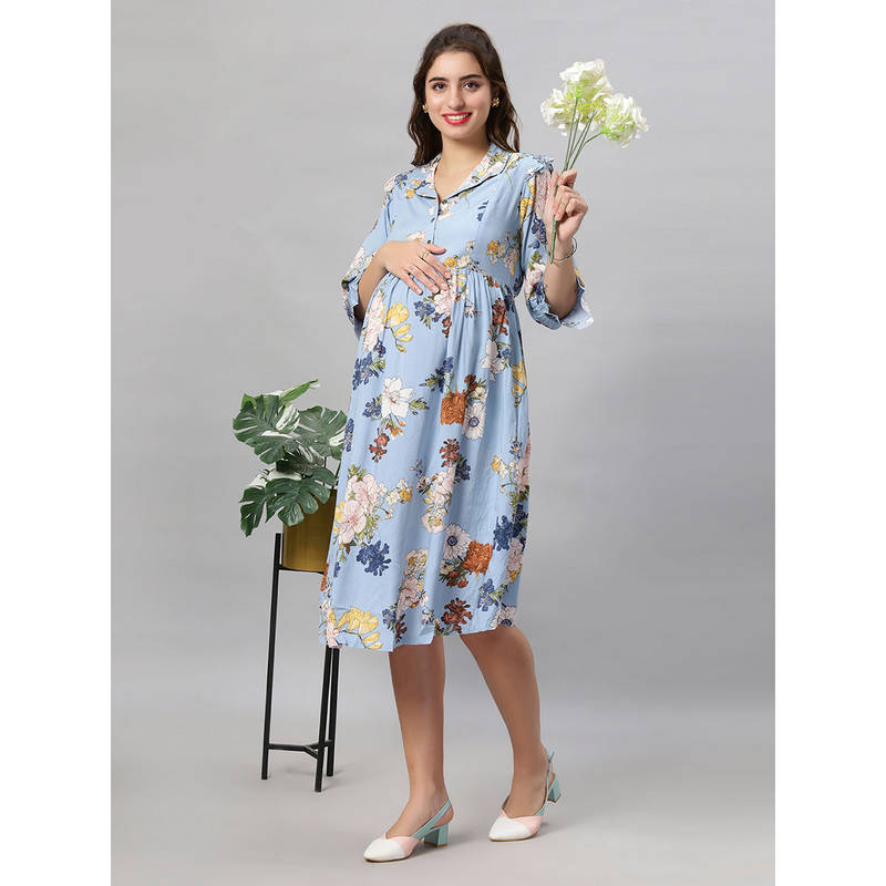 Mamma's Maternity Blue Floral Rayon Feeding Dress (2XL)