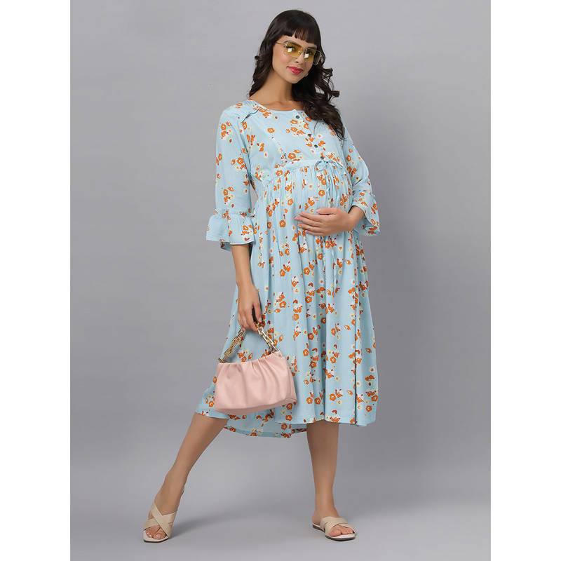 Mamma's Maternity Blue Floral Rayon Feeding Dress (M)
