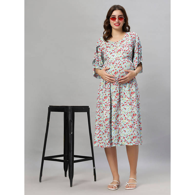 Mamma's Maternity Blue Floral Rayon Feeding Dress (M)