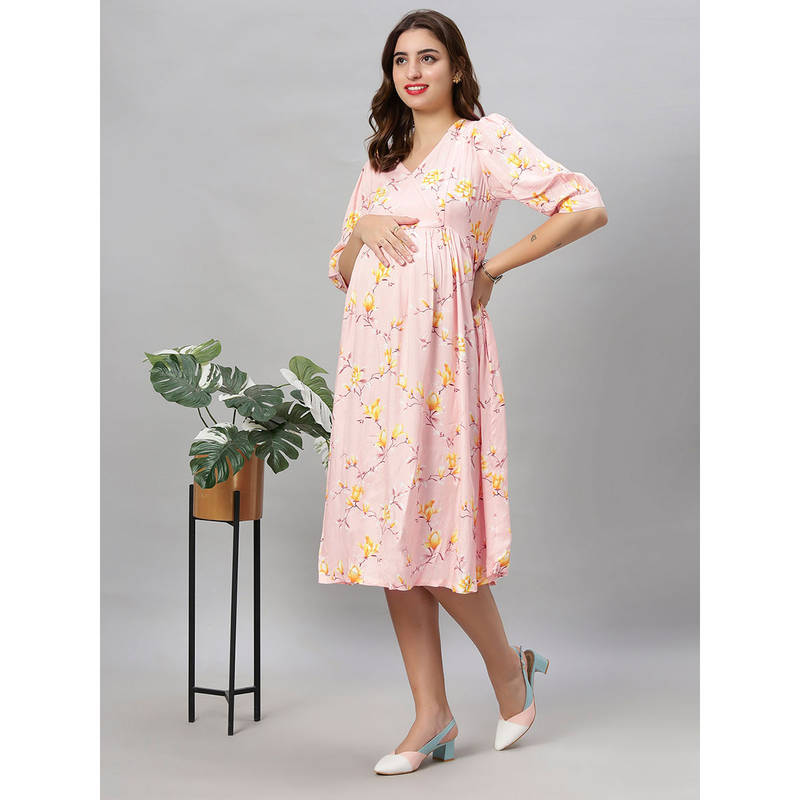 Mamma's Maternity Pink Floral Rayon Feeding Dress (M)