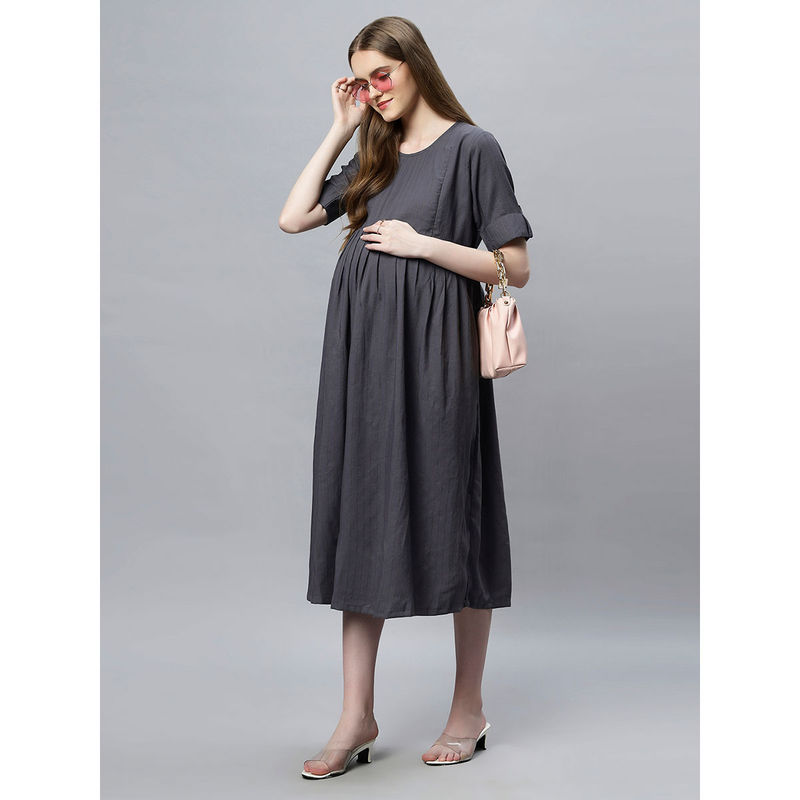 Mamma's Maternity Grey Stripes Printed Cotton Feeding Dress (M)