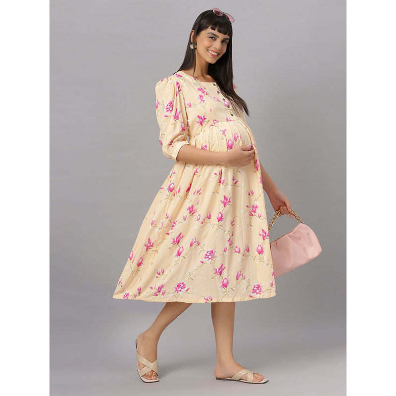 Mamma's Maternity Cream Floral Rayon Feeding Dress (M)