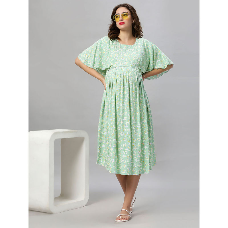 Mamma's Maternity Green Floral Rayon Feeding Dress with Belt (Set of 2)(XL)