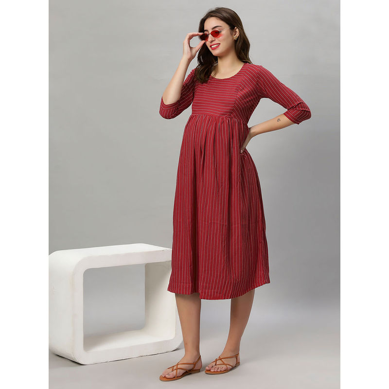Mamma's Maternity Maroon Stripes Printed Cotton Feeding Dress (3XL)
