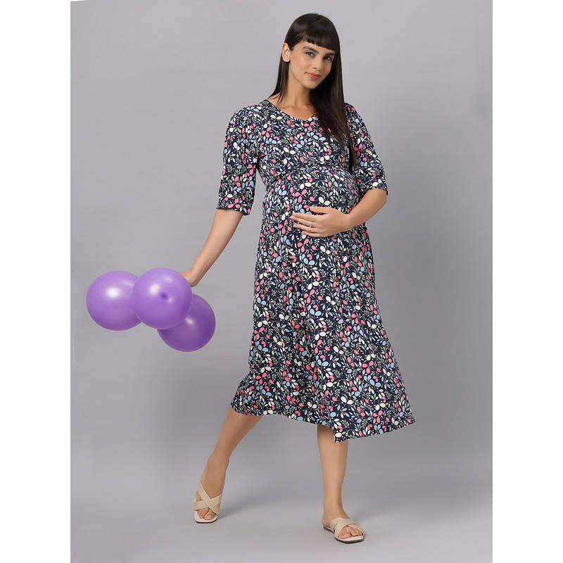 Mamma's Maternity Navy Blue Botanical Printed Rayon Feeding Dress (M)