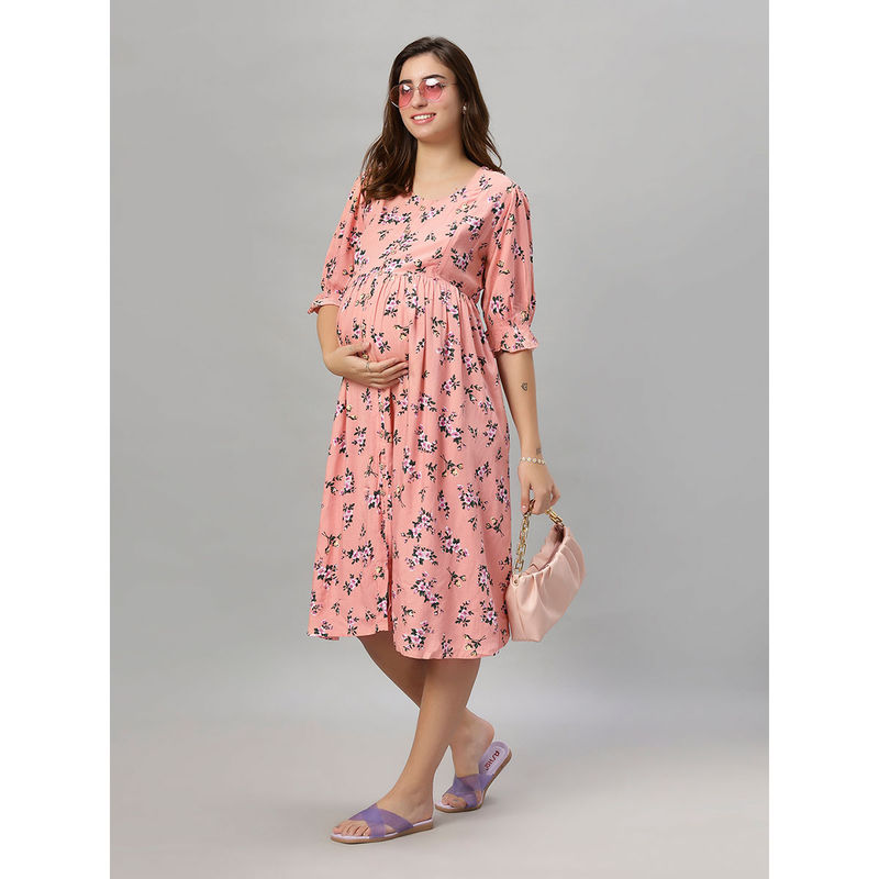 Mamma's Maternity Peach Floral Rayon Feeding Dress (M)