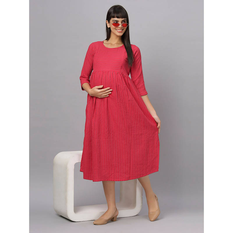 Mamma's Maternity Red Stripes Printed Cotton Feeding Dress (L)