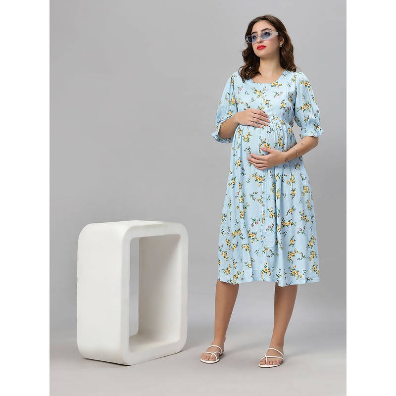 Mamma's Maternity Blue Floral Rayon Feeding Dress (M)