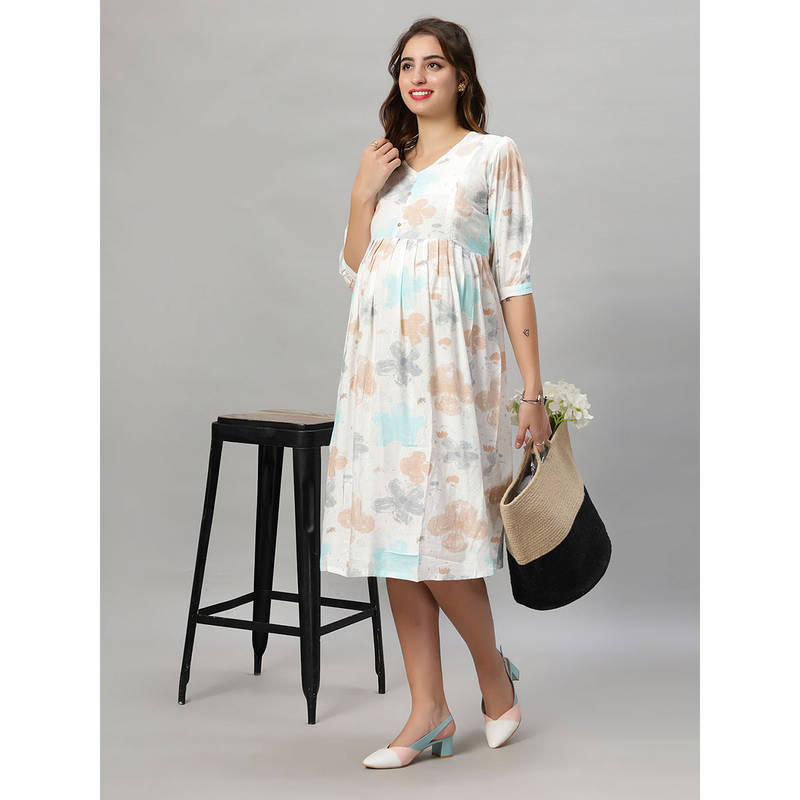 Mamma's Maternity Peach Printed Rayon Feeding Dress (M)