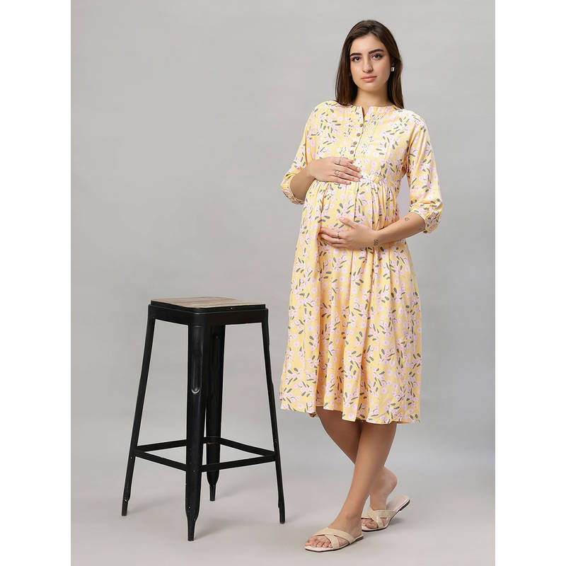 Mamma's Maternity Yellow Floral Rayon Feeding Dress (XL)