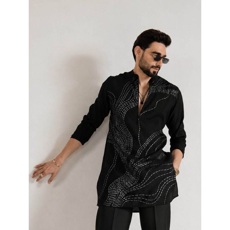 KISAH Mens Blended Fabric Black Kurta (44)