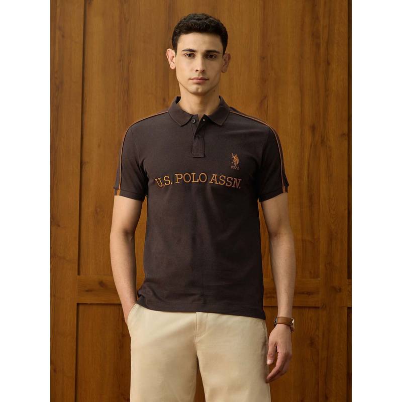 Popular U.S. POLO ASSN. Brown Printed Regular Fit Polo T-Shirt (S) - Image 1
