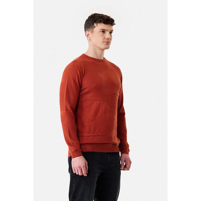 Snitch Orange Textured Full Sleeves Regular Casual Sweater for Men (XS)