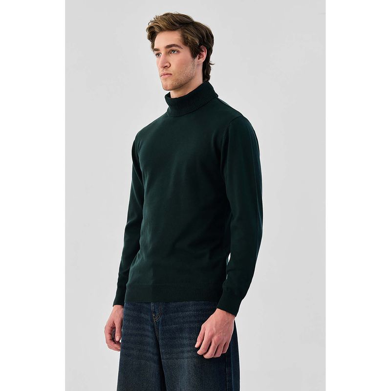 Snitch Dark Green Solid Full Sleeves Regular Casual Sweater for Men (L)