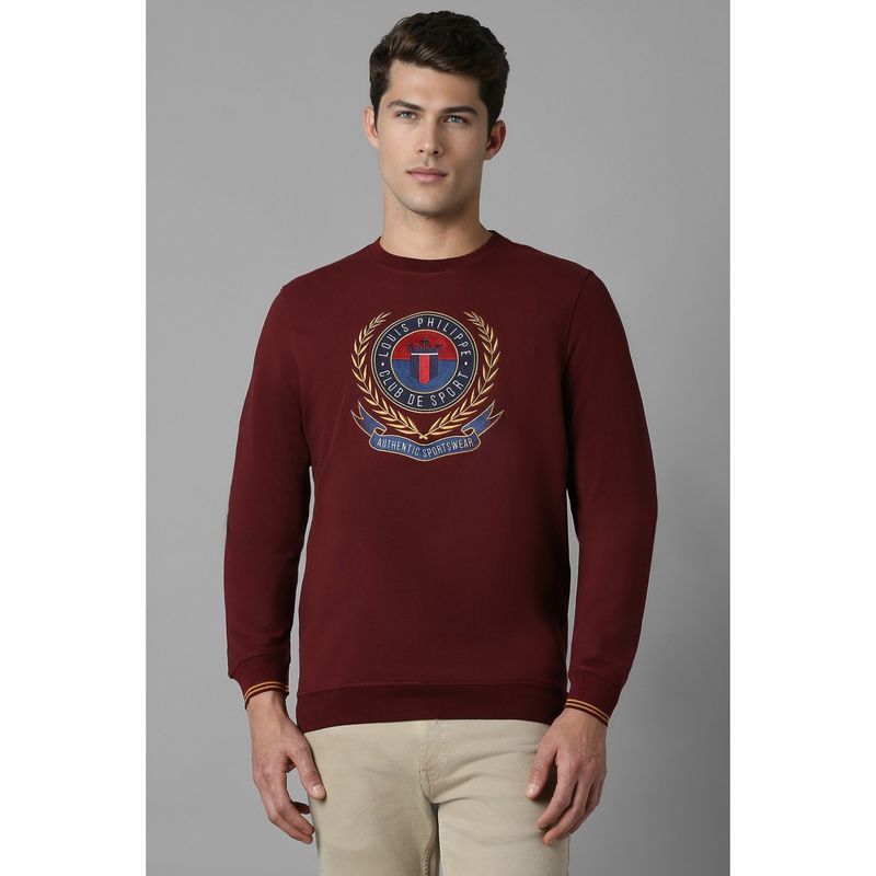 Louis Philippe Men Casual Maroon Embroidered Sweatshirt (M)