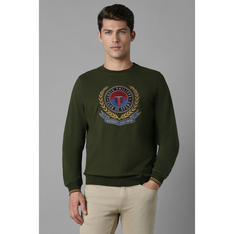 Louis Philippe Men Casual Olive Embroidered Sweatshirt (M)