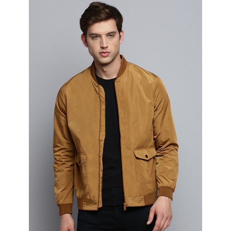 SHOWOFF Men's Mandarin Collar Solid Camel Brown Open Front Jacket (2XL)