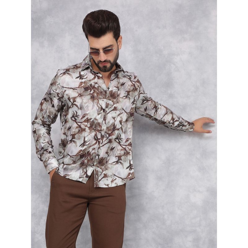 CRIMSOUNE CLUB Mens Brown Floral Print Linen Shirt (L)