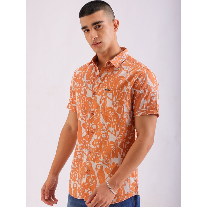 The Indian Garage Co Men Slim Fit Tropical Half Sleeves Spread Collar Casual Shirt Orange (S)