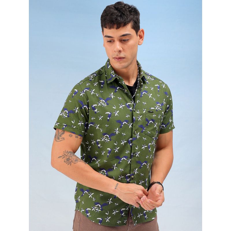 The Indian Garage Co Men Slim Fit Tropical Half Sleeves Spread Collar Casual Shirt Olive (S)