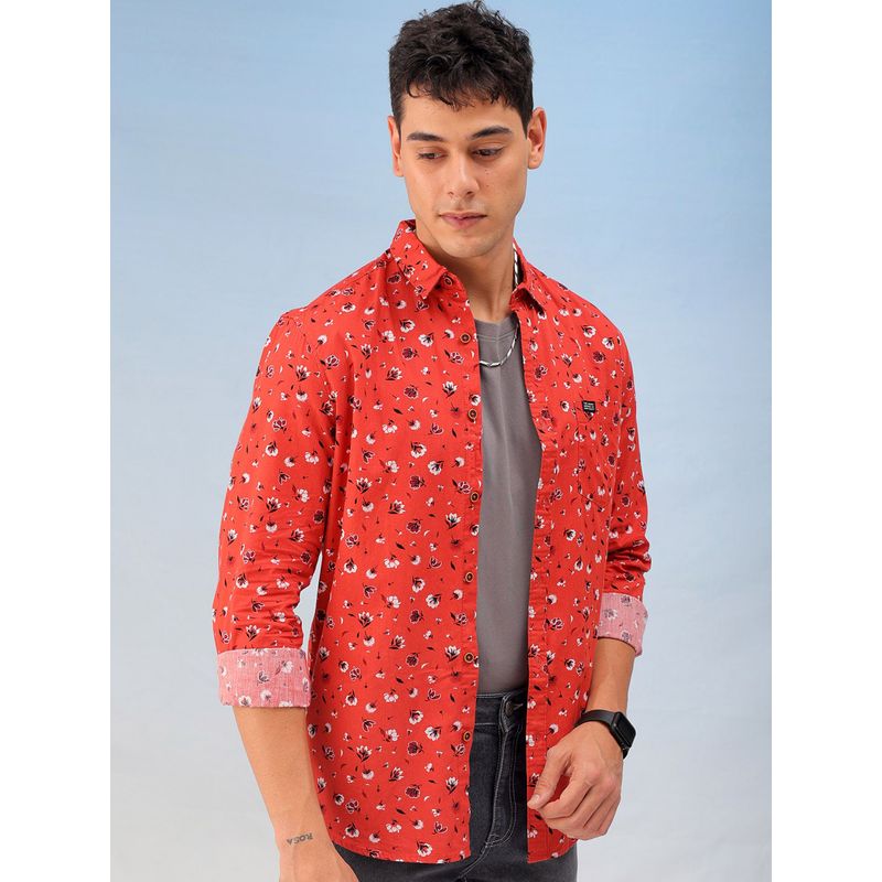 The Indian Garage Co Men Regular Fit Printed Full Sleeves Cutaway Collar Casual Shirt Red (S)