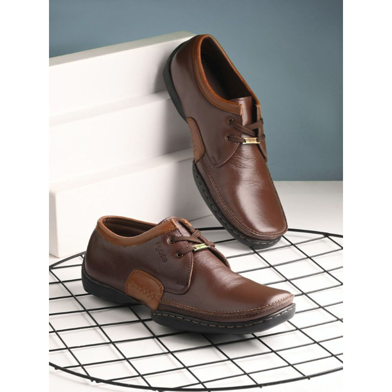 EGOSS Comforts Genuine Leather Brown & Tan Casual Lace-Up Sneakers (UK 7)