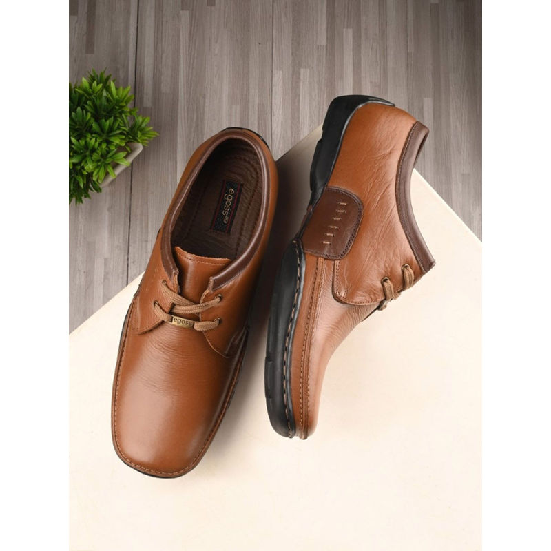EGOSS Comforts Genuine Leather Tan & Brown Casual Lace-Up Sneakers (UK 8)