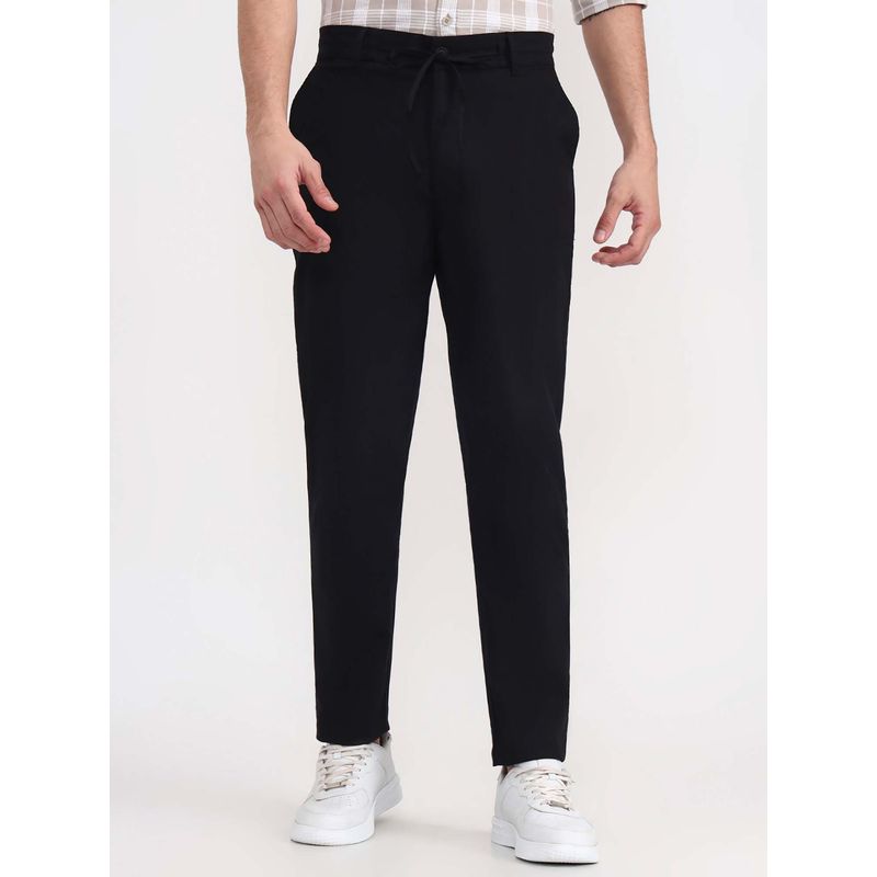 JadeBlue Men's Black Cotton Stretch Track Pant Regular Fit Solid Pattern Comfortable and St (L)
