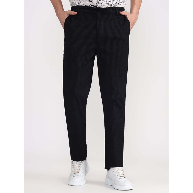 JadeBlue Men's Black Striped Cotton Stretch Track Pant Regular Fit Comfortable and Stylish (L)