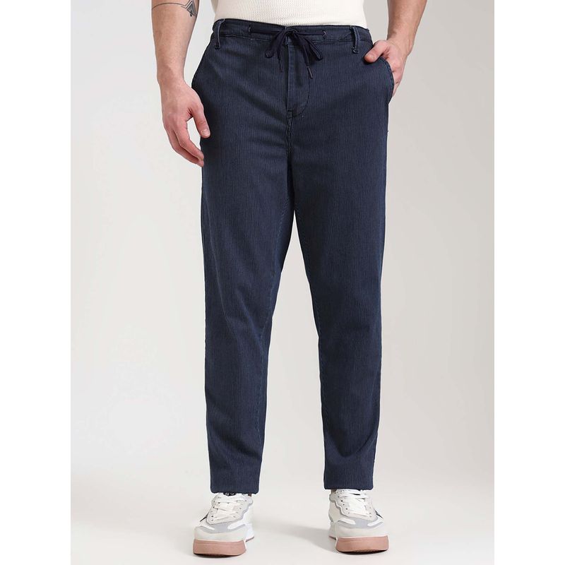 JadeBlue Men's Indigo Blue Striped Track Pants Regular Fit Cotton Stretch Comfortable and S (L)