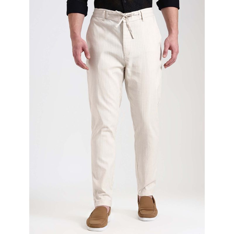 JadeBlue Cream Striped Track Pant Regular Fit 100% Cotton Comfortable Loungewear for Men (L)