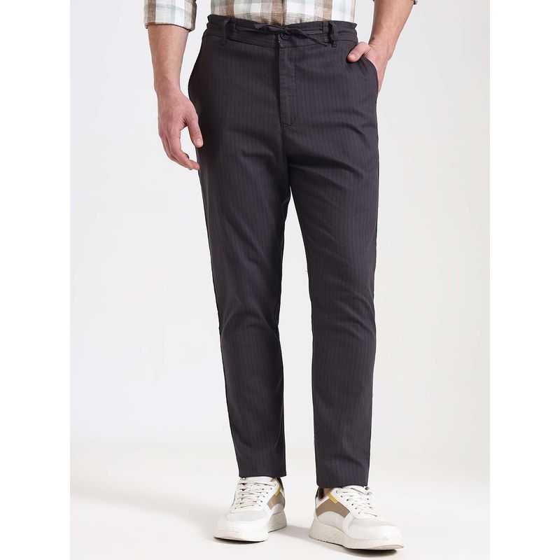 JadeBlue Men's Dark Grey Striped Track Pant Regular Fit 100% Cotton Comfortable and Stylish (L)