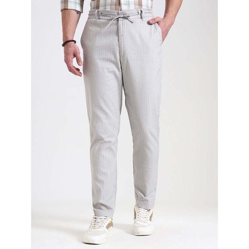 JadeBlue Men's Light Grey Striped Track Pant Regular Fit 100% Cotton Comfortable and Styl (L)
