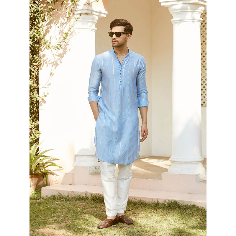 See Designs Men Turquoise Blue Chanderi Silk Sequins Cotton Kurta with Pyjama (Set of 2) (L)
