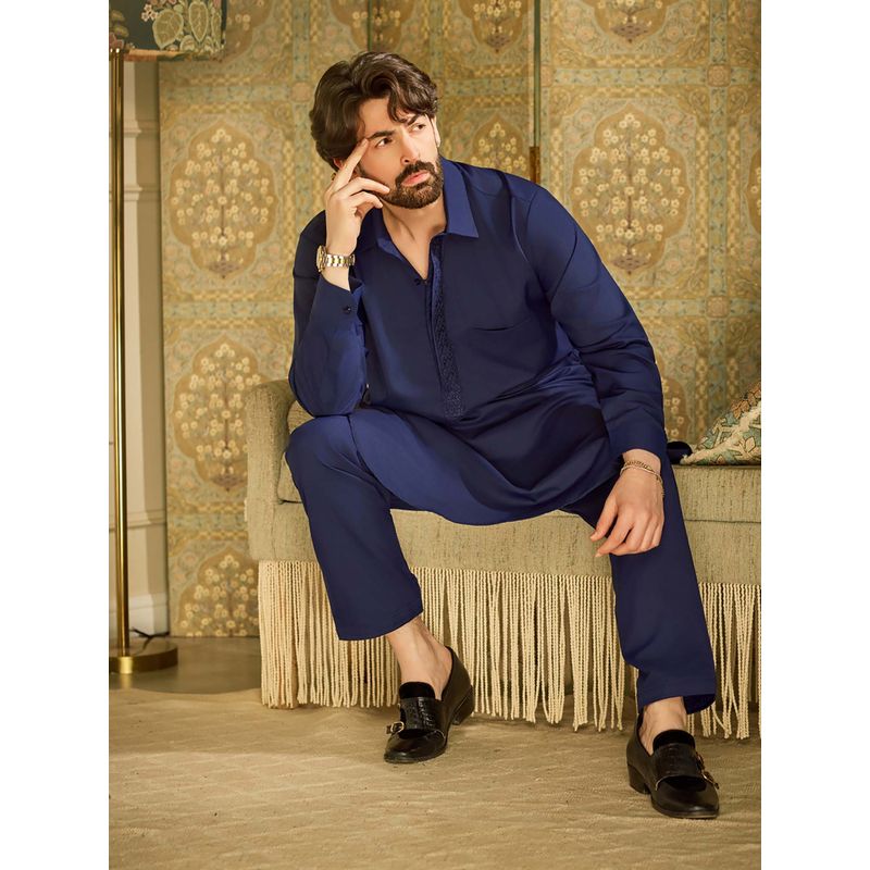 SOJANYA Cotton Blend Navy Blue Pathani Kurta And Salwar (Set of 2) (L)