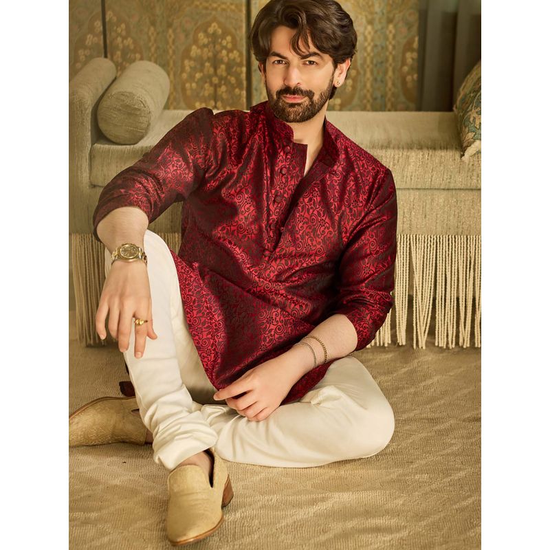 SOJANYA Silk Blend Maroon Kurta And Off White Churidar Pyjama (Set of 2) (M)