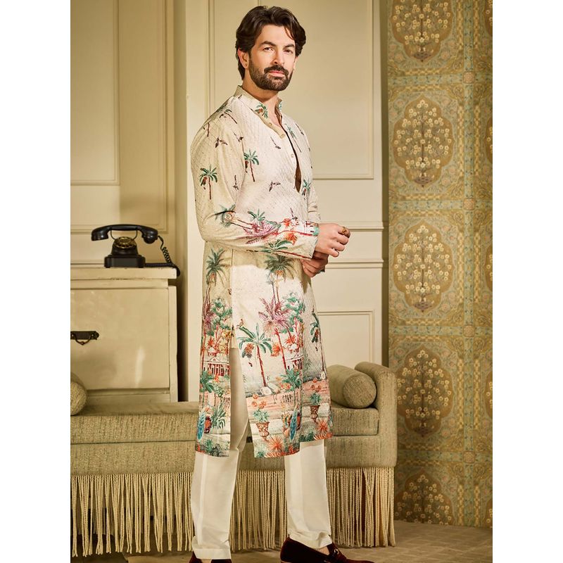 SOJANYA (Since 1958) Men's Cotton Crochet Daman Print Cream Kurta With Pyjama (Set of 2) (36)